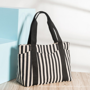 Manufacturer Fashion Women′ S Handbags Striped Canvas Bags Women′ S Single Shoulder Bags Ladies Tote Mummy Canvas Bags